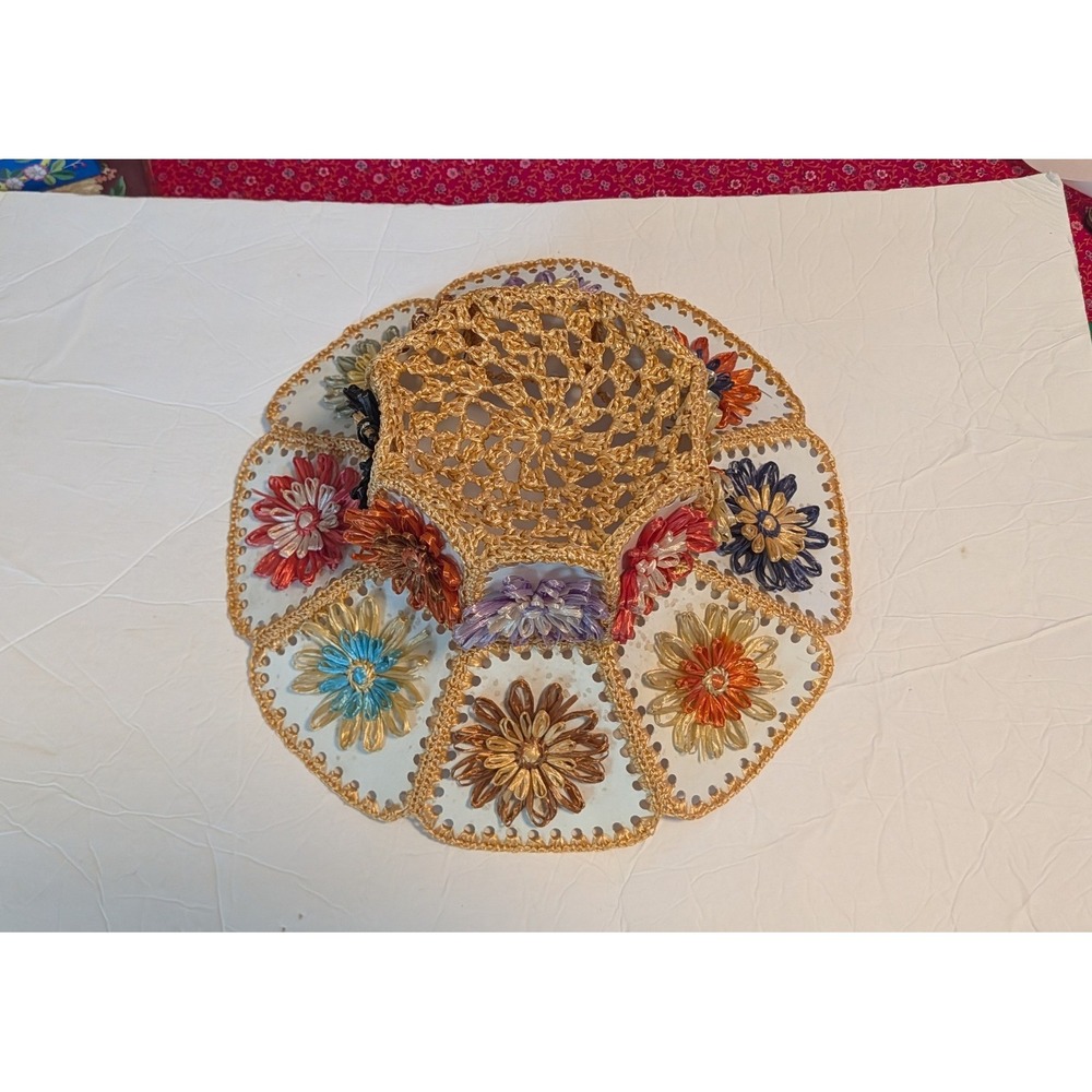 Vintage 70s Crochet Raffia Flower Daisy Bucket Sun Hat Handmade Multi Color Boho - Picture 2 of 8